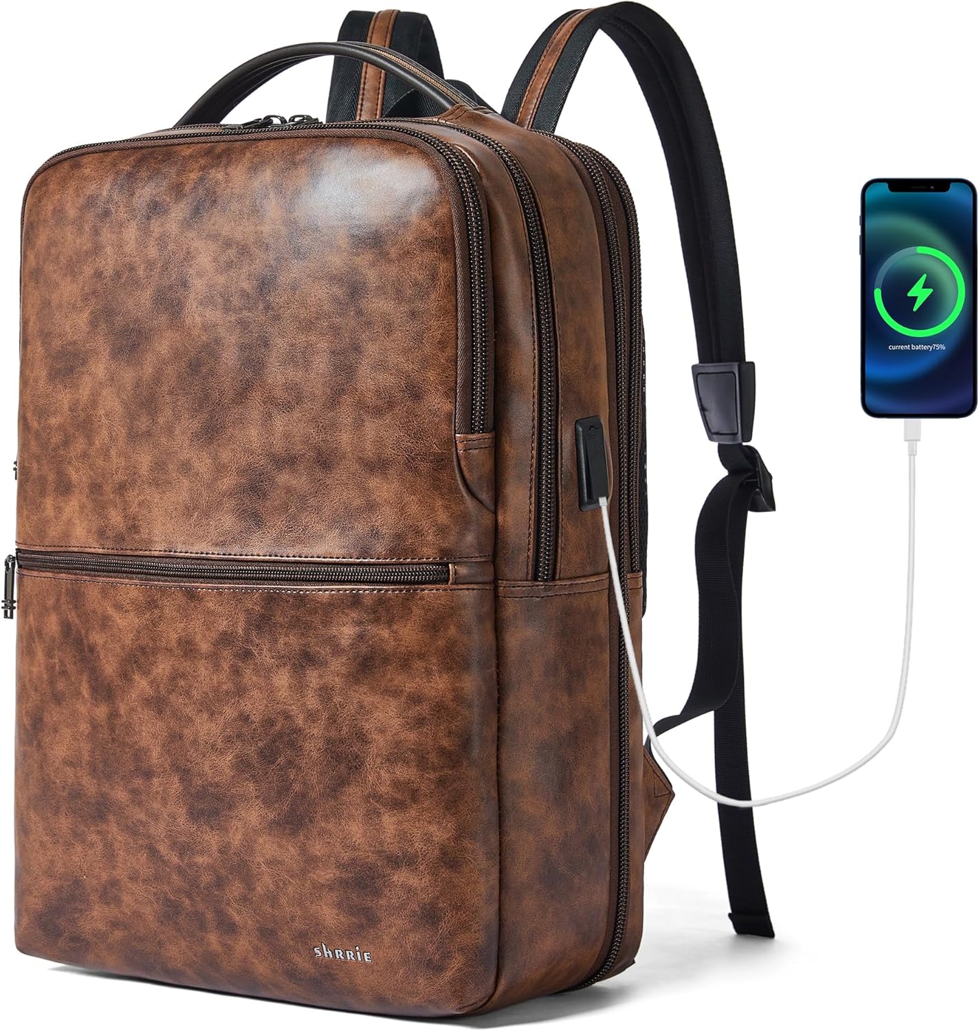 Vegan Leather Laptop Backpack for Women&Men,16 Inch Expandable Backpack with USB Charging Port,Two-toned Brown