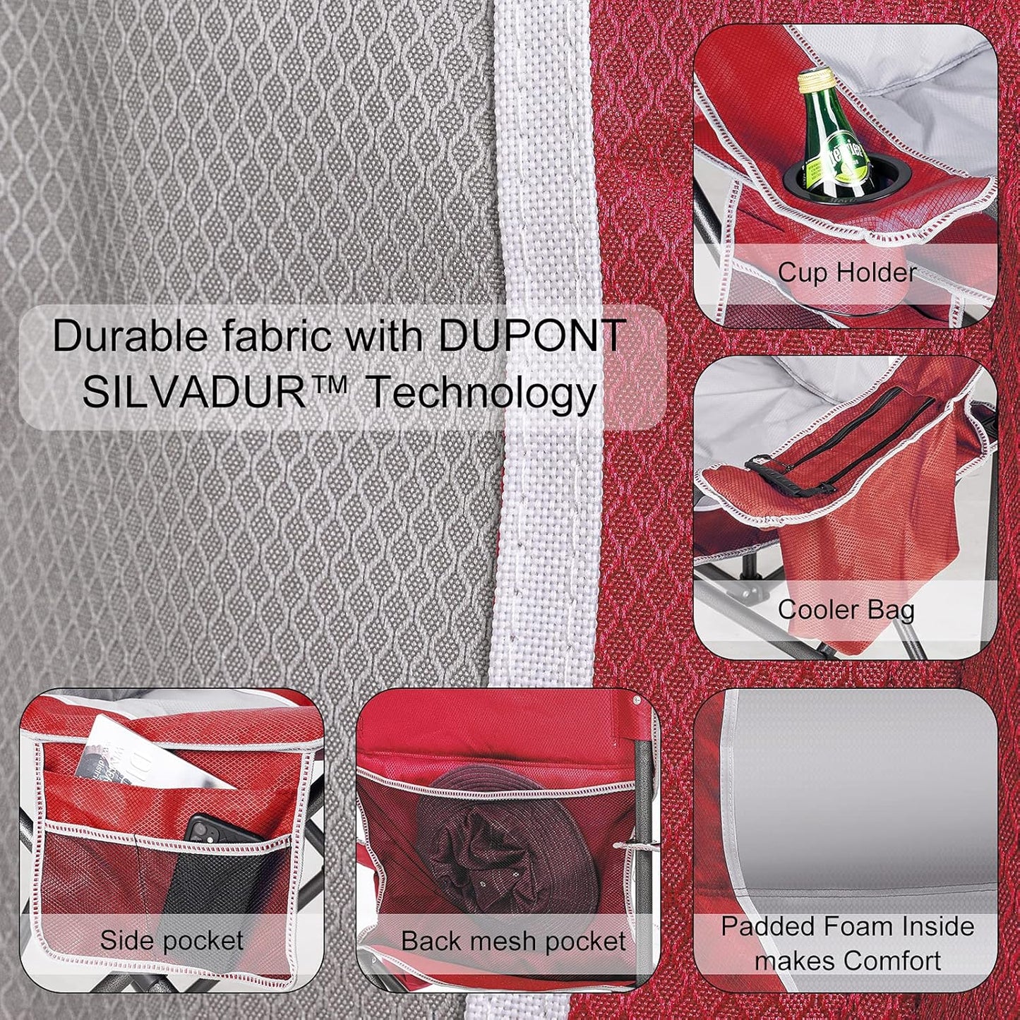 Padded Camping Chairs for Adults, Oversized Folding Outdoor Chairs Red Color, Weight Capacity 475lbs, with Cooler Bag, Cup Holder, Storage Pocket, Carry Bag
