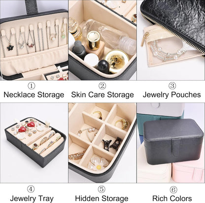 2 Layer Portable Jewelry Box, Large Jewelry Travel Case with 4 Jewelry Pouches, Medium Size Jewelry Organizer Box for Earrings, Necklaces, Bracelets (black)