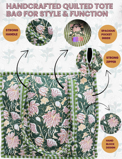 Cotton Quilted Tote Bag for Women – Large Beach & Travel Tote with Zipper, Reusable Grocery Bag