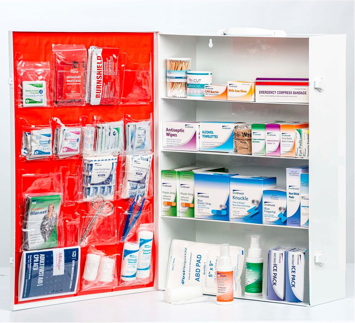 4-Shelf Restaurant Metal 1st Aid Cabinet Class A, Large Capacity First Aid Wall Mount Medicine Cabinet, Secure Metal Med Box with Easy Access, Exceeds OSHA/ANSI Z308.1 2015, Over 750 Pieces