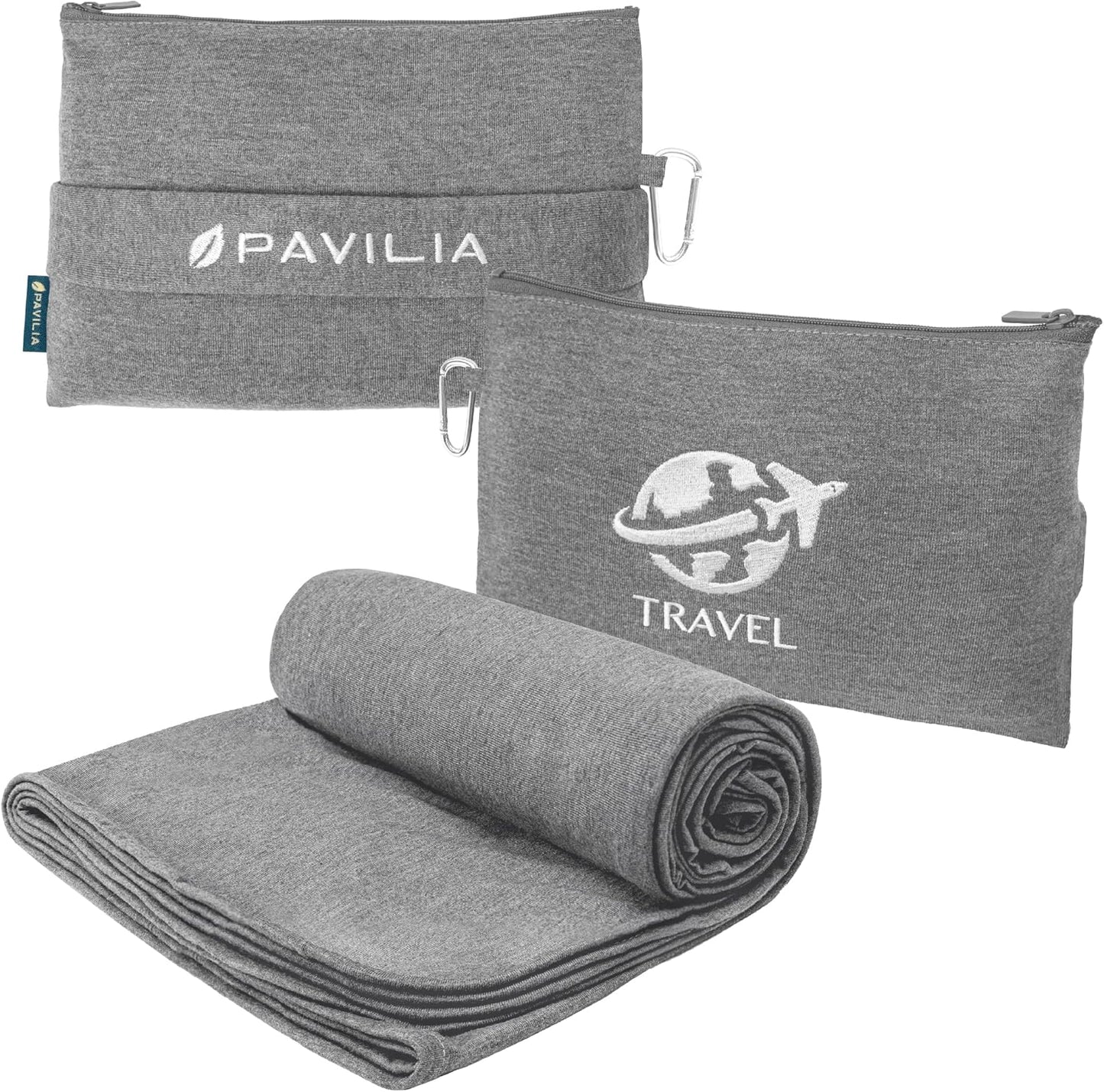 PAVILIA Soft Travel Blanket, Compact Airplane Blanket in Bag, Portable Blanket Pillow Set, Lightweight and Packable Plane Flight Car Trips Travel Home Office Gift Accessories, Gray, 65x40 inches