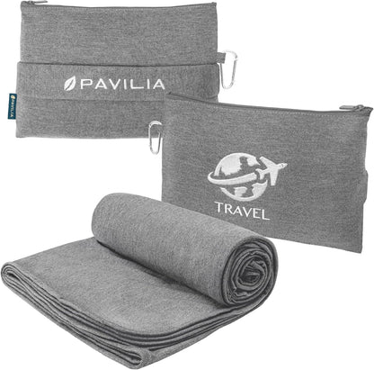 PAVILIA Soft Travel Blanket, Compact Airplane Blanket in Bag, Portable Blanket Pillow Set, Lightweight and Packable Plane Flight Car Trips Travel Home Office Gift Accessories, Gray, 65x40 inches
