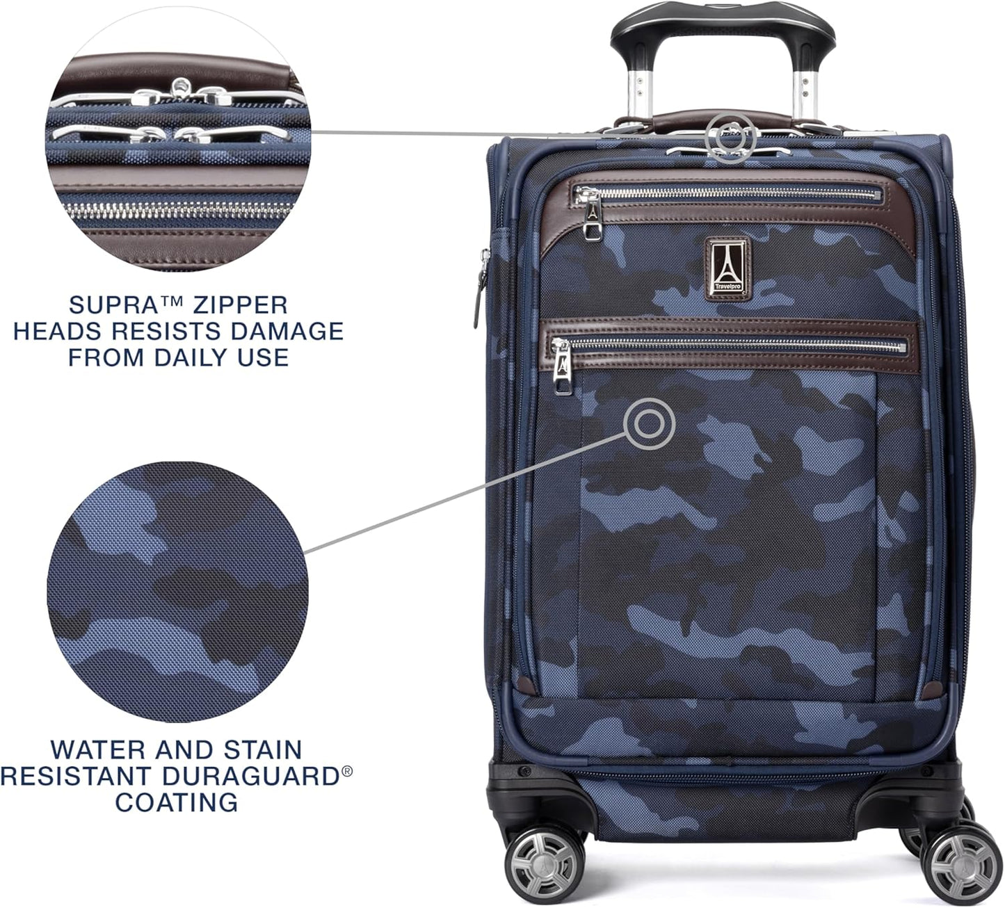 Travelpro Platinum Elite Softside Expandable Carry on Luggage, 8 Wheel Spinner Suitcase, USB Port, Suiter, Men and Women, Navy Camouflage, Carry On 21-Inch