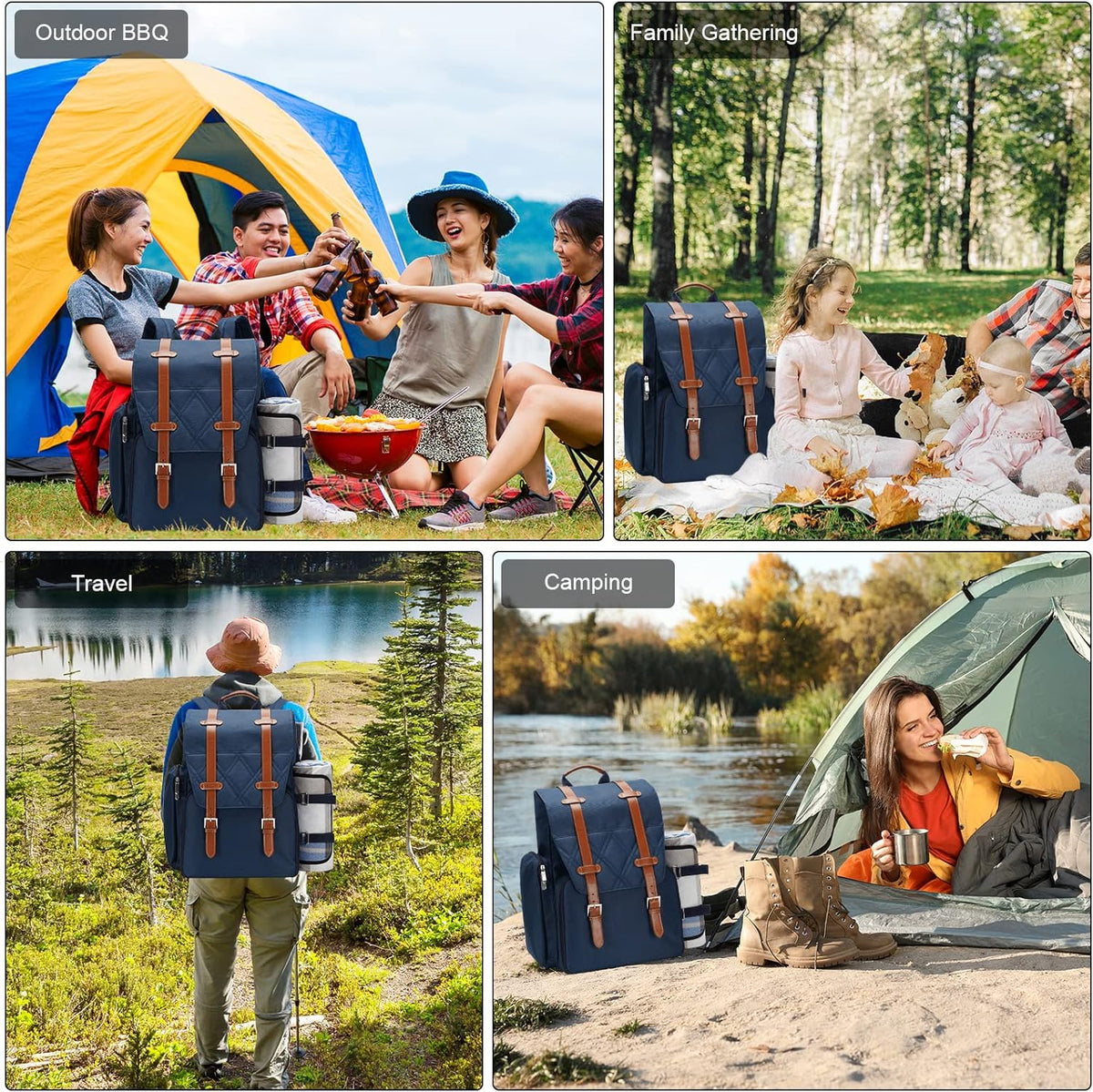 Picnic Backpack for 4 Person with Large Insulated Cooler Bag, Picnic Basket Set with Wine Pouch, Waterproof Picnic Blanket & Cutlery Set. Perfect for, Camping, Party,Wedding Gift for Couple,Blue