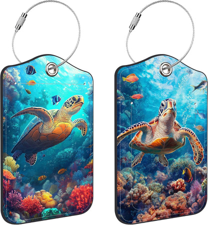 Sea Turtle Luggage Tags for Suitcases Leather Travel Tags for Luggage ID Label with Privacy Cover and Stainless Steel Loop for Men Women Suitcase Backpack, Set of 2