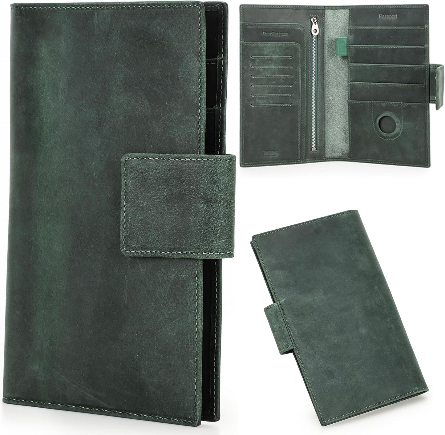 Top Grain Leather Travel Passport Wallet Holder for Man & Woman, Snap Button Design for 4 Passports & Multi Cards, RFID Blocking Large Capacity for Passports/Cards/Checks/Bills, Dark Green