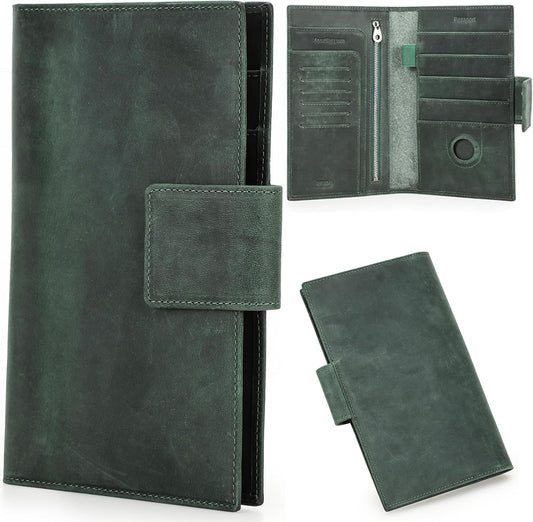 Top Grain Leather Travel Passport Wallet Holder for Man & Woman, Snap Button Design for 4 Passports & Multi Cards, RFID Blocking Large Capacity for Passports/Cards/Checks/Bills, Dark Green