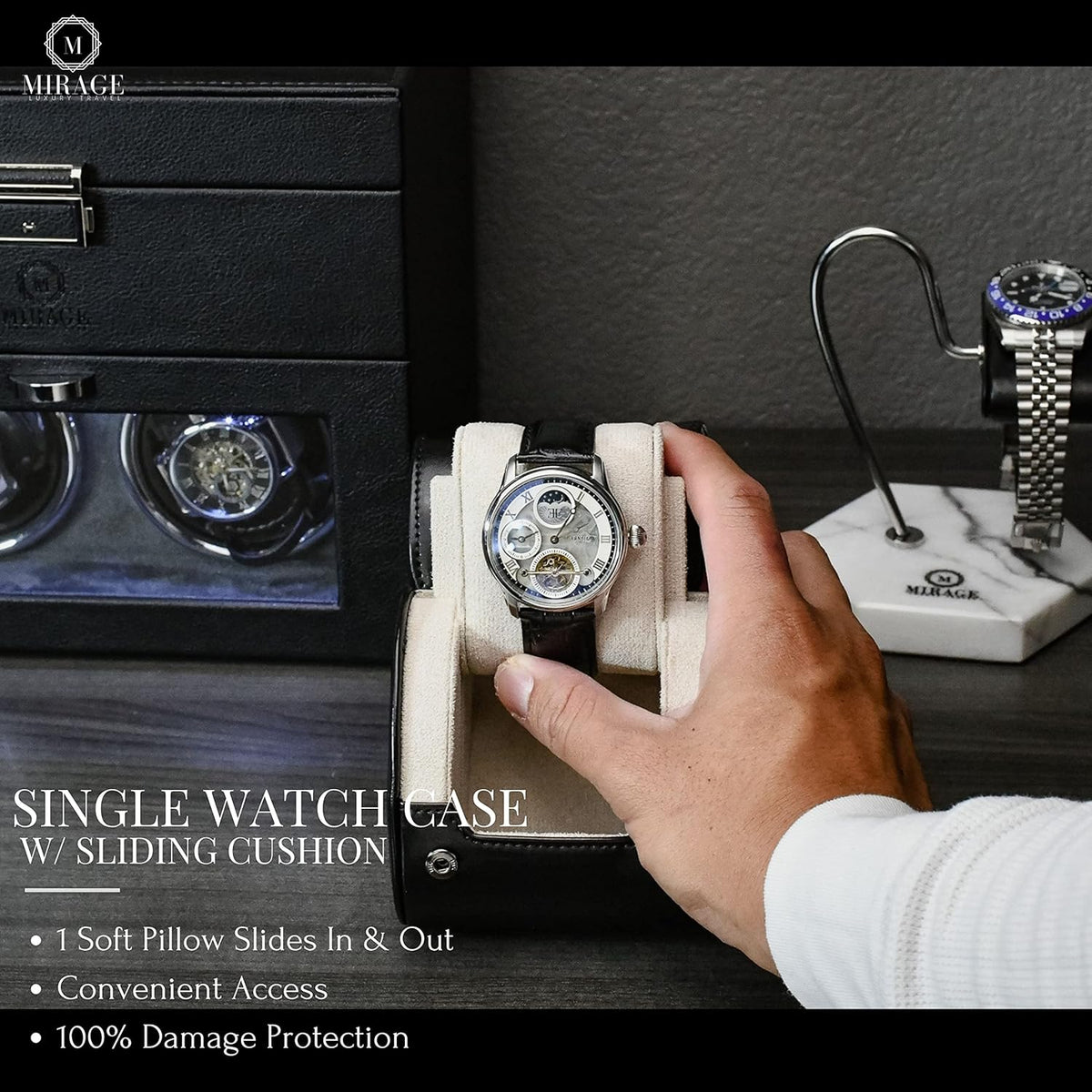 Black/Ivory - 1 Watch Travel Case for Men - Single Watch Case Storage - Gift Idea Travel Accessory - Jade Black/Ivory - Mirage Watch Roll Cases Vegan Leather