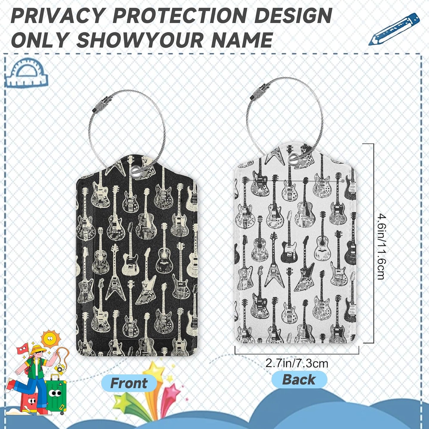 2 Pack Leather Luggage Tag for Suitcase Music Guitar Unique Travel Tags with Privacy Cover ID Label & Stainless Steel Loop for Men and Women Baggage