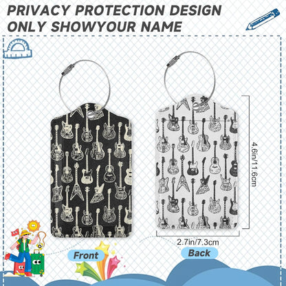2 Pack Leather Luggage Tag for Suitcase Music Guitar Unique Travel Tags with Privacy Cover ID Label & Stainless Steel Loop for Men and Women Baggage