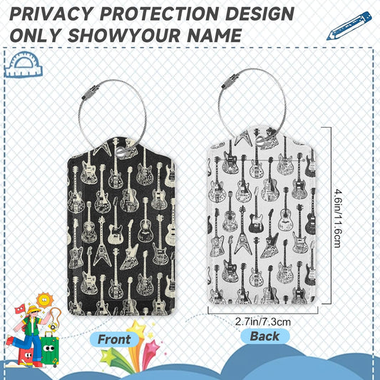 2 Pack Leather Luggage Tag for Suitcase Music Guitar Unique Travel Tags with Privacy Cover ID Label & Stainless Steel Loop for Men and Women Baggage