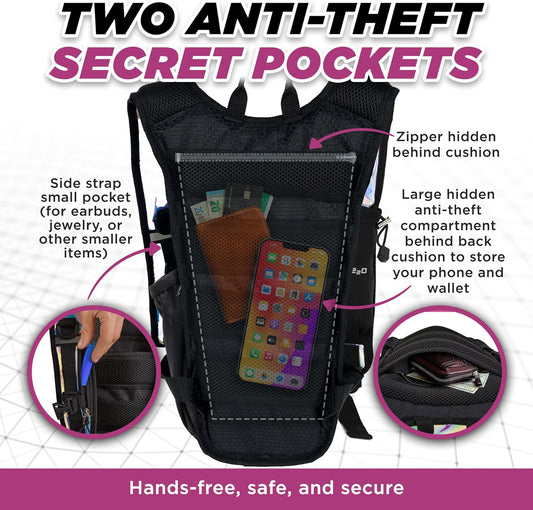 Rave Hydration Backpack – Anti-Theft Festival Hydration Pack with 1.5L Leakproof TPU Bladder – Slim, Insulated Water Pack with Secret Pockets & Breathable Back – for Raves, Music Festivals, EDC