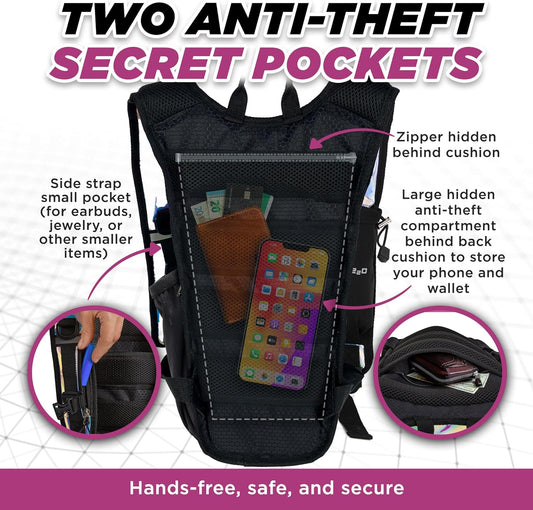 Rave Hydration Backpack – Anti-Theft Festival Hydration Pack with 1.5L Leakproof TPU Bladder – Slim, Insulated Water Pack with Secret Pockets & Breathable Back – for Raves, Music Festivals, EDC