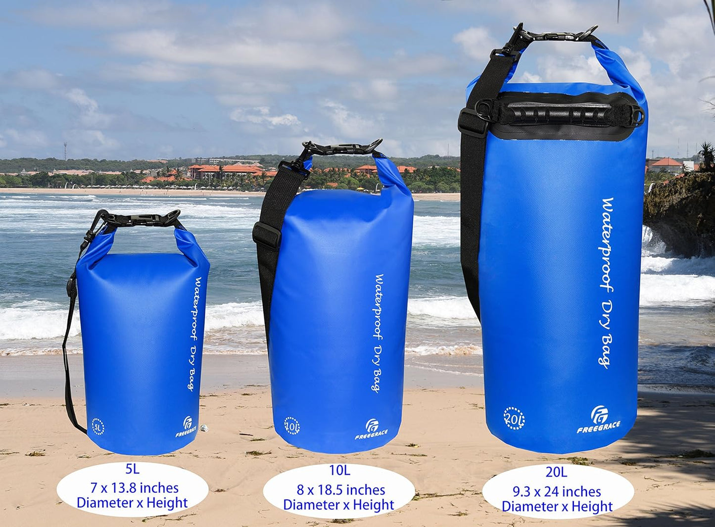 Freegrace Waterproof Dry Bags Set of 3 Dry Bag with 2 Zip Lock Seals & Detachable Shoulder Strap, Waist Pouch & Phone Case - Can Be Submerged Into Water - for Swimming (Navy Blue, 5L)
