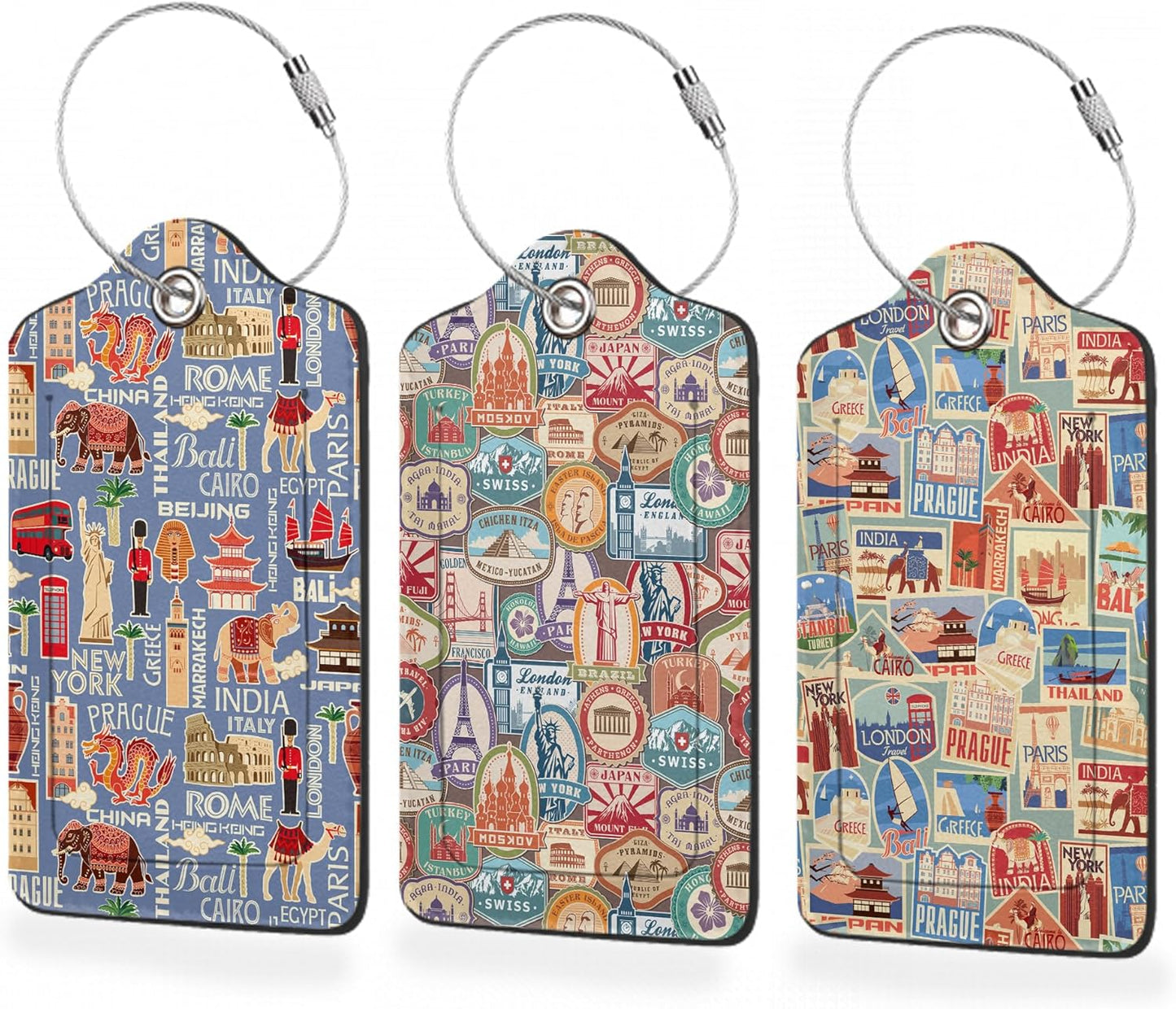 3 Pack Luggage Tag for Suitcase,Travel Stamp Leather Luggage Tags with Privacy Cover Name ID Label Identifiers Travel Bag Tags for Women Men Boys Girls