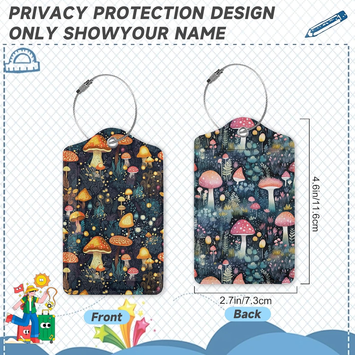 Retro Mushrooms Luggage Tags, 2 Pack Travel Cruise Tags for Suitcases,Cute Identifiers with Privacy Flap, Baggage Tags for Women Men Handbag