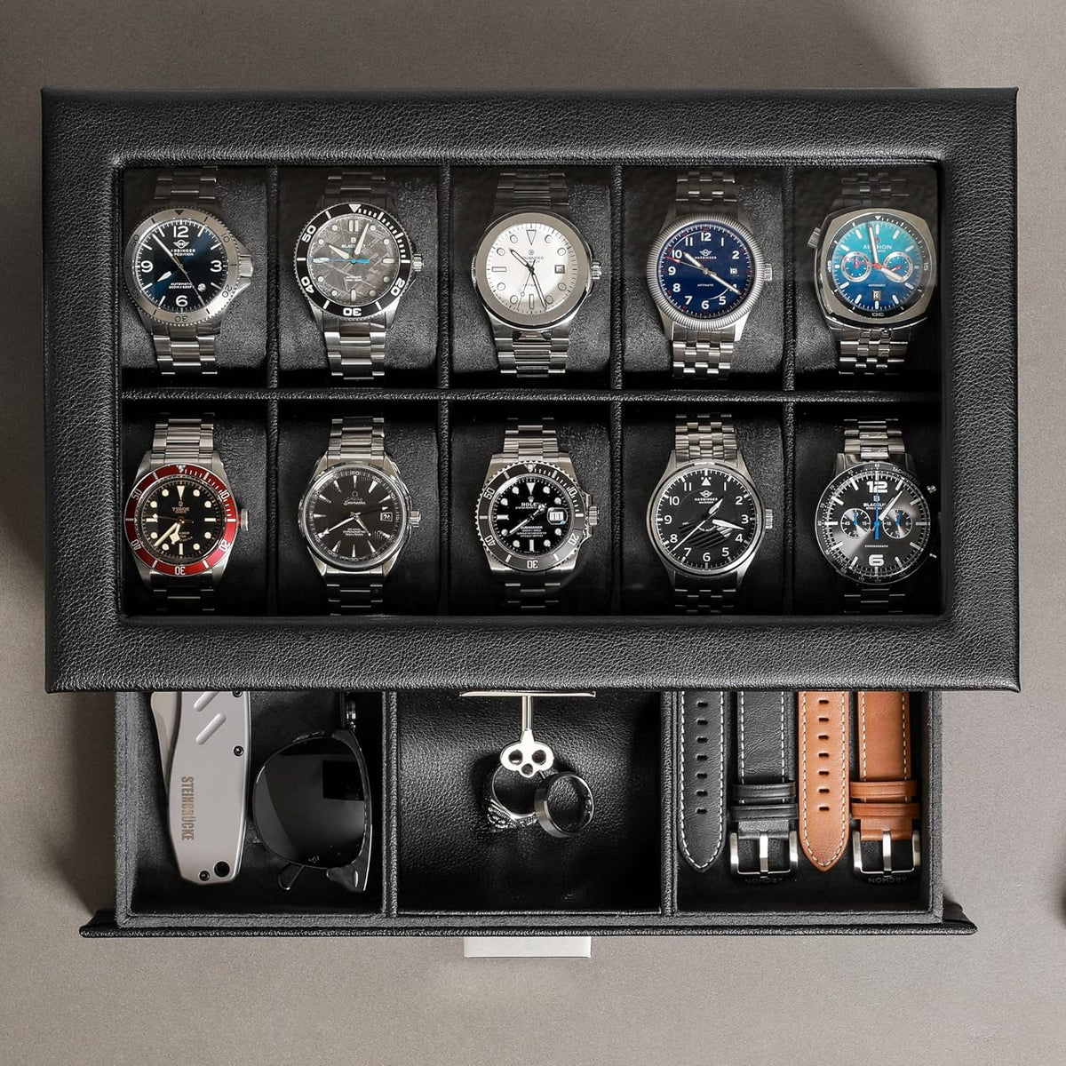ROTHWELL 10-Slot Watch Box in Leather with Valet Drawer, Luxury Watch Case Display Organizer with Ultra Soft Microsuede Liner, Jewelry and Sunglass Holder With Large Glass top (Black/Grey)