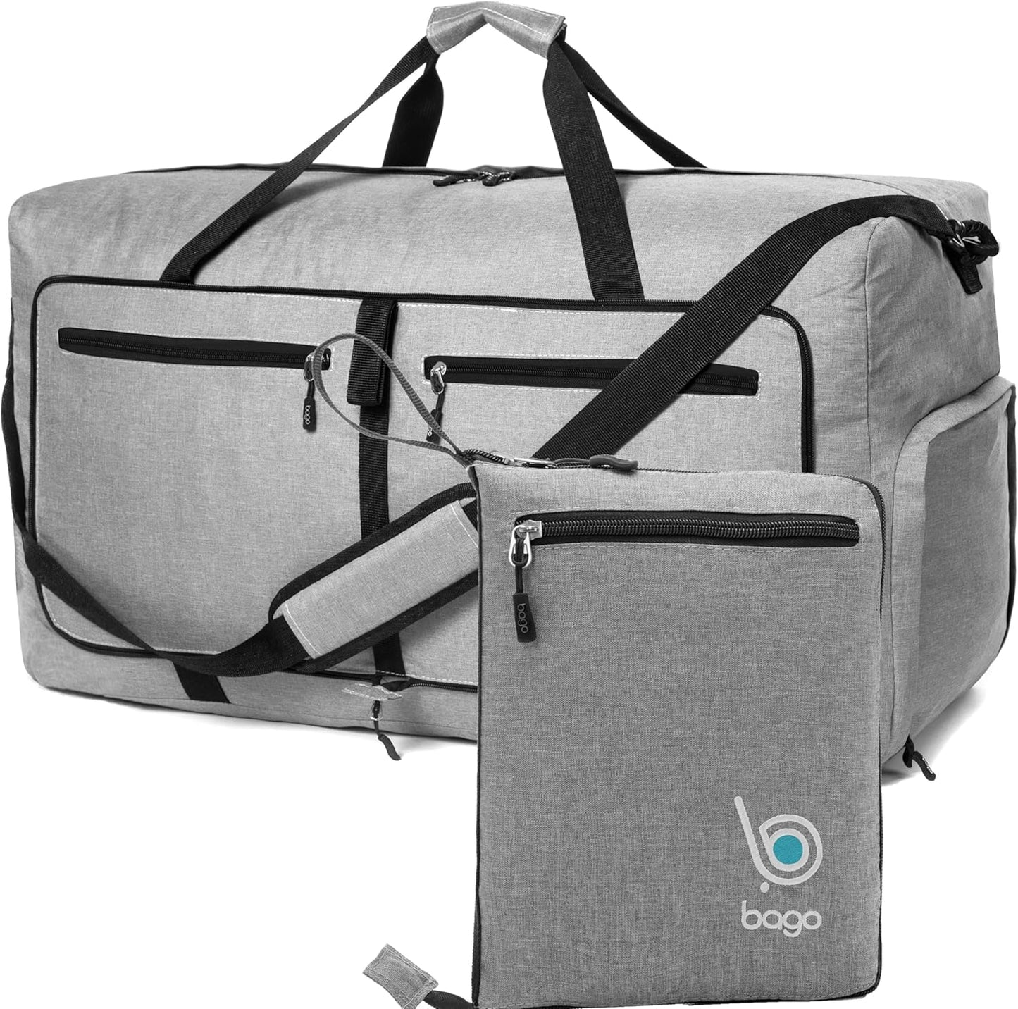 Bago Large Foldable Duffel Bags for Traveling Women & Men - 80L Packable Duffle Bag for Travel with Shoe Compartment - Water Repellant, Heavy Duty, Lightweight Folding & Collapsible (SnowGray)