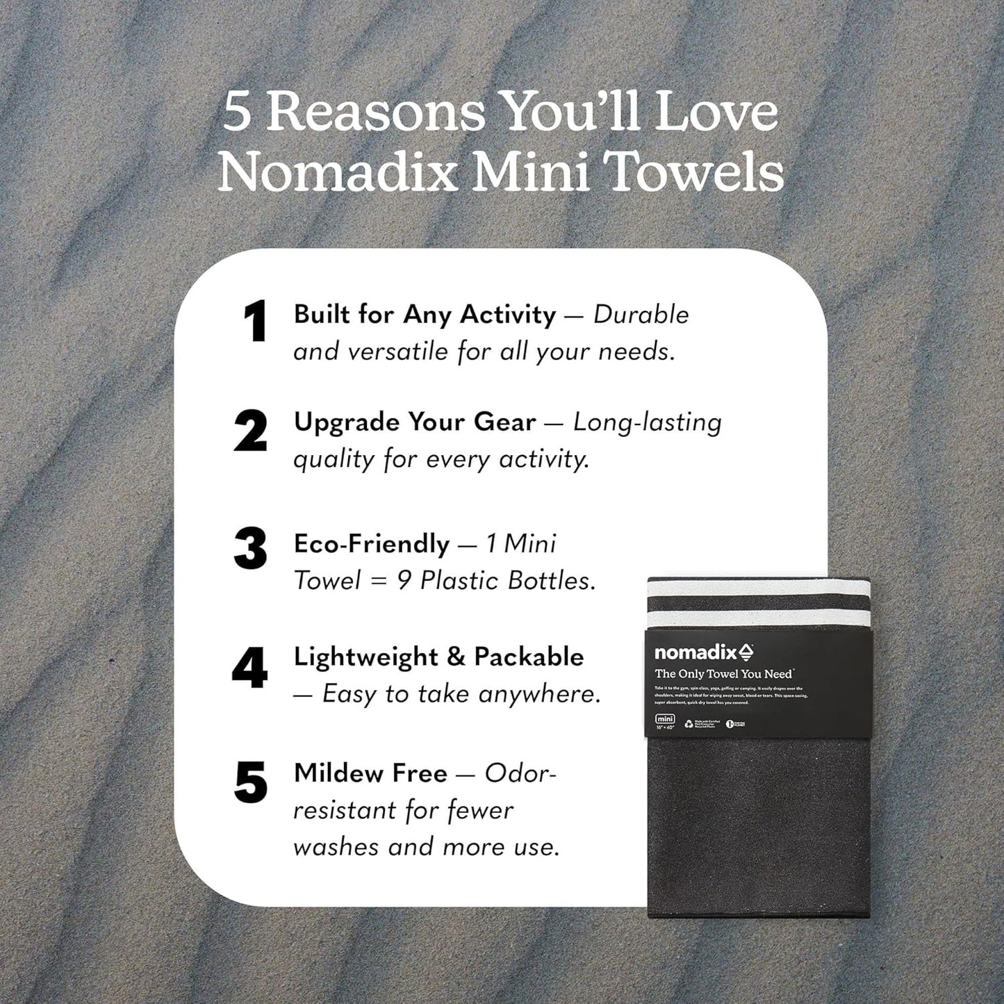 Nomadix Mini Towel - Perfect for The Gym, Biking, Hiking, Golf, & More - Made with Recycled Materials - Super Absorbent - Quick Dry - Sand Resistant - Poolside Black - 40x16 in