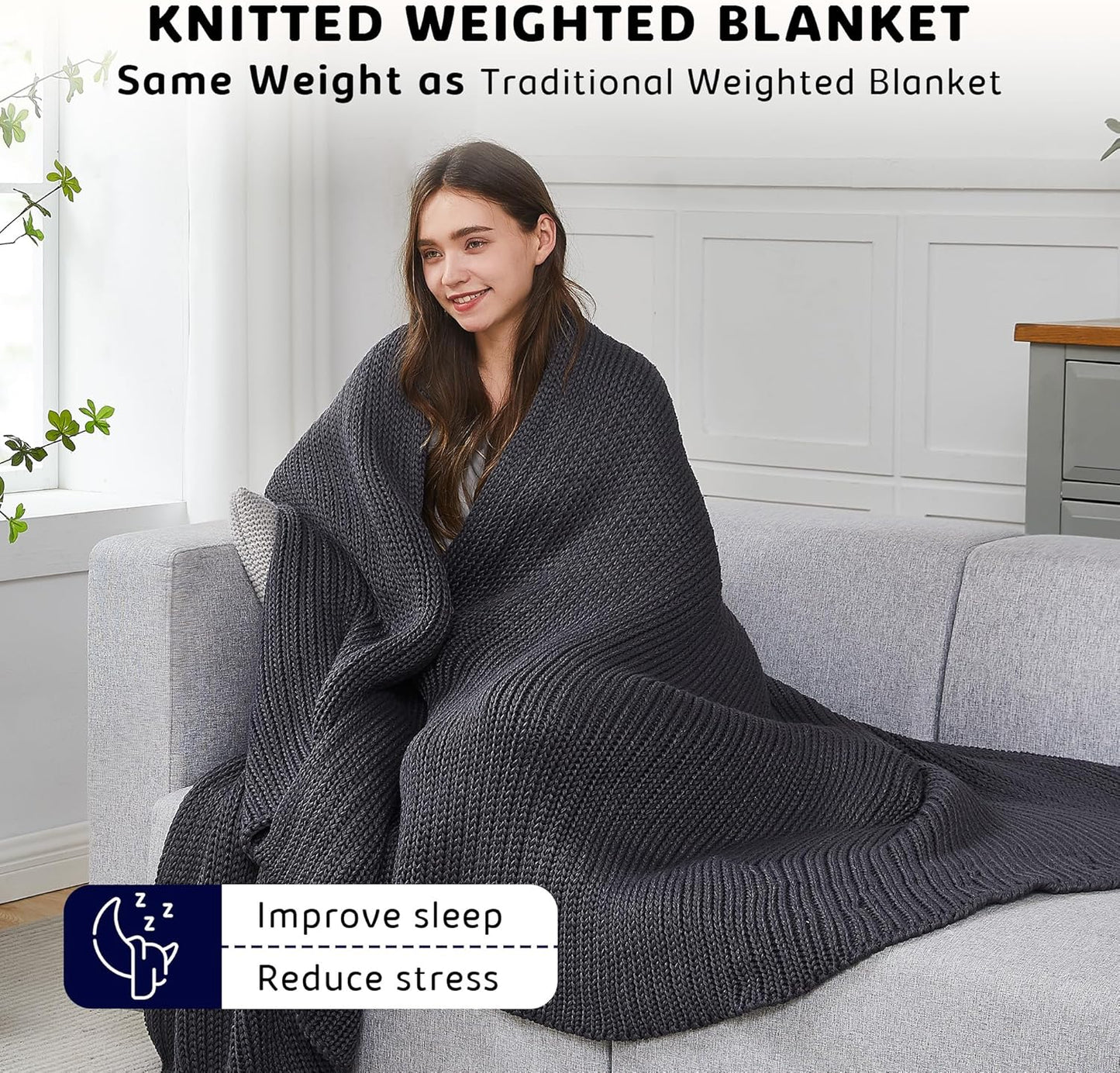 L'AGRATY Knitted Weighted Blanket - 50"x60" 7lbs Cooling Chunky Knit Heavy Blanket for Adults Braided Crochet Throw Thick Cable Yarn Knit Decorative No Beads Evenly Weighted Machine Washable