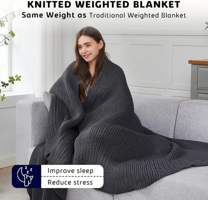 L'AGRATY Knitted Weighted Blanket - 50"x60" 7lbs Cooling Chunky Knit Heavy Blanket for Adults Braided Crochet Throw Thick Cable Yarn Knit Decorative No Beads Evenly Weighted Machine Washable