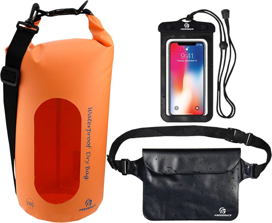 Freegrace Waterproof Dry Bags Set of 3 Dry Bag with 2 Zip Lock Seals & Detachable Shoulder Strap, Waist Pouch & Phone Case - Can Be Submerged Into Water - for Swimming (Orange(Window), 20L)