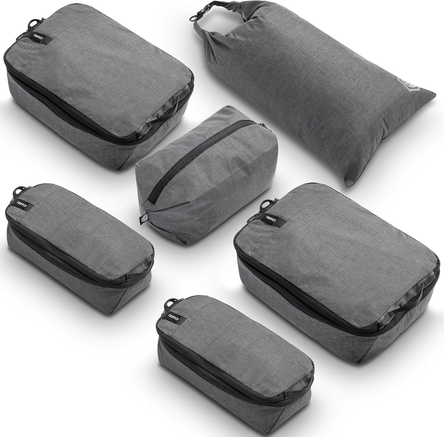 Premium Compression Packing Cubes for Travel, Compression Packaging Cube, Zip Bags Premium 6-Piece Set with laundry bag and shoe bag by TRIPPED Travel Gear (Grey)