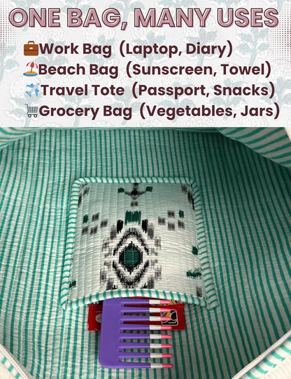 Cotton Quilted Tote Bag for Women – Large Beach & Travel Tote with Zipper, Reusable Grocery Bag