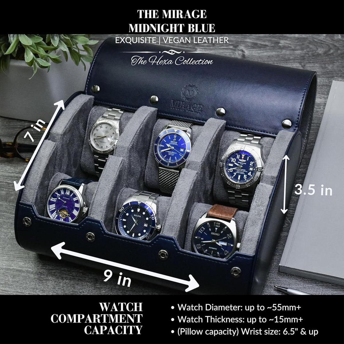 Watch Roll Case for Travel 6 slot Watches Organizer - Midnight Blue