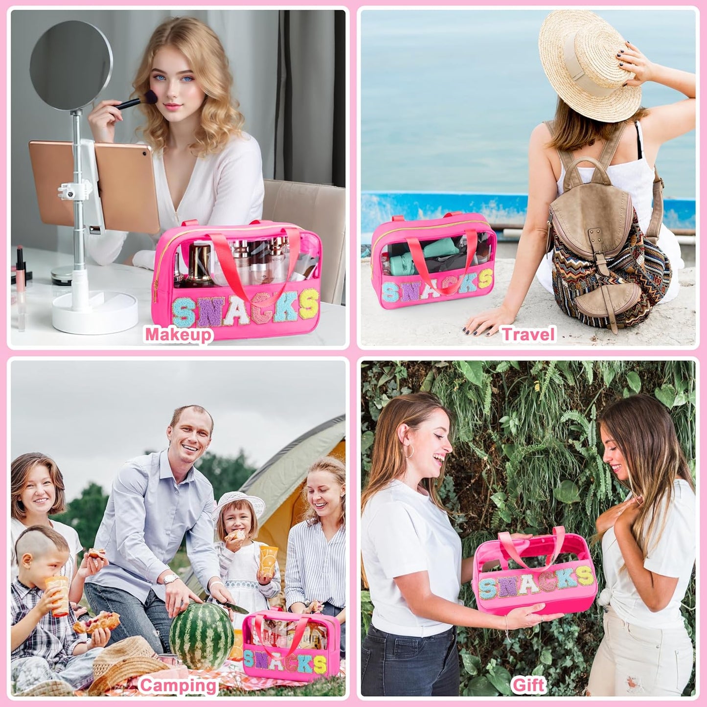 Snack Bag for Travel - Chenille Letter Clear Makeup Bag, Large Preppy Patch Snack Cosmetic Bag with Handle and Zipper, Cute Makeup Pouch Nylon&PVC Waterproof Toiletry Organizer Storage for Women Girls