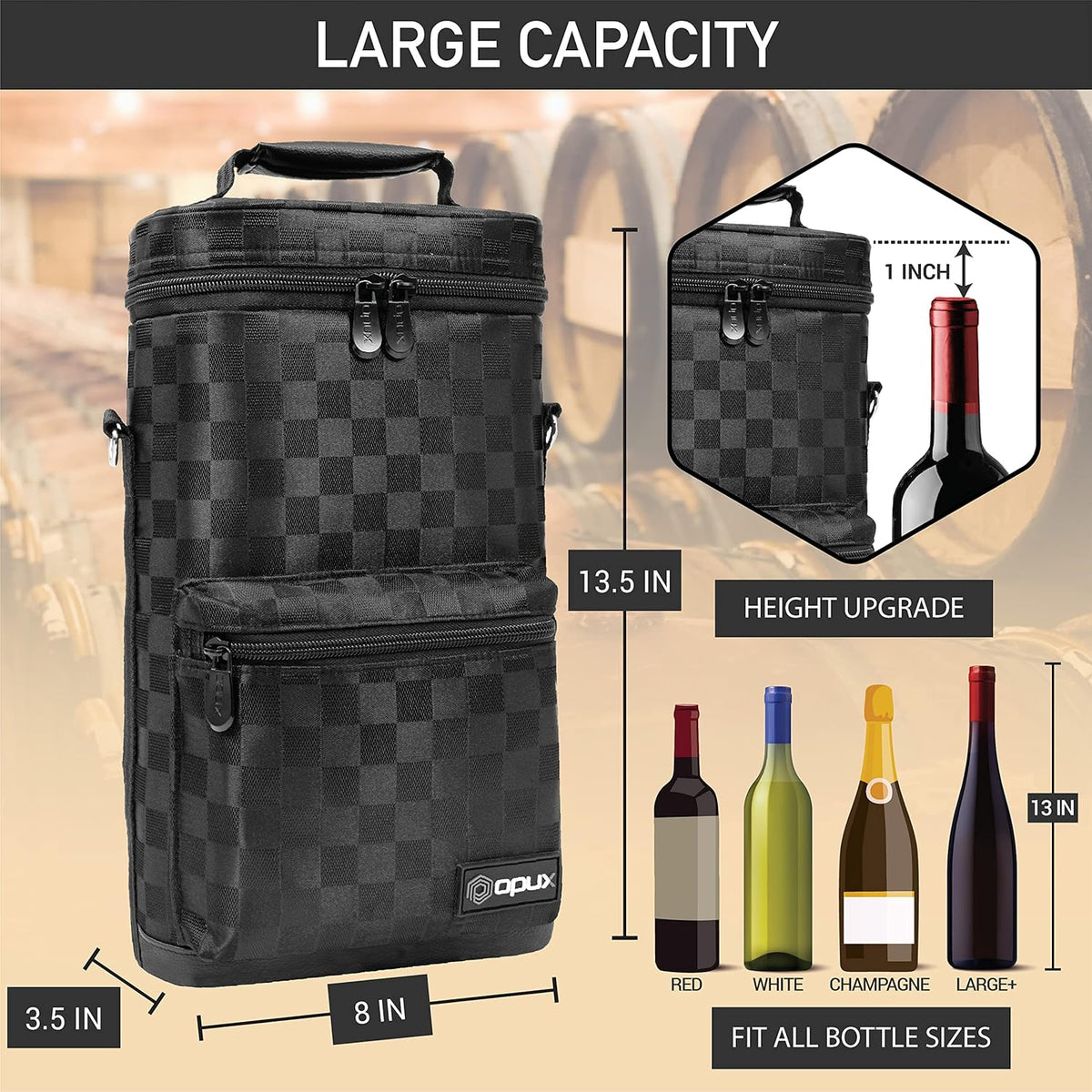 opux Wine Bag 2 Bottle Wine Tote Carrier, Insulated Wine Cooler Bag for Travel Picnic, Leakproof Portable Bottle Padded Case, Wine Gifts For Women Men Wine Lovers Christmas, Black