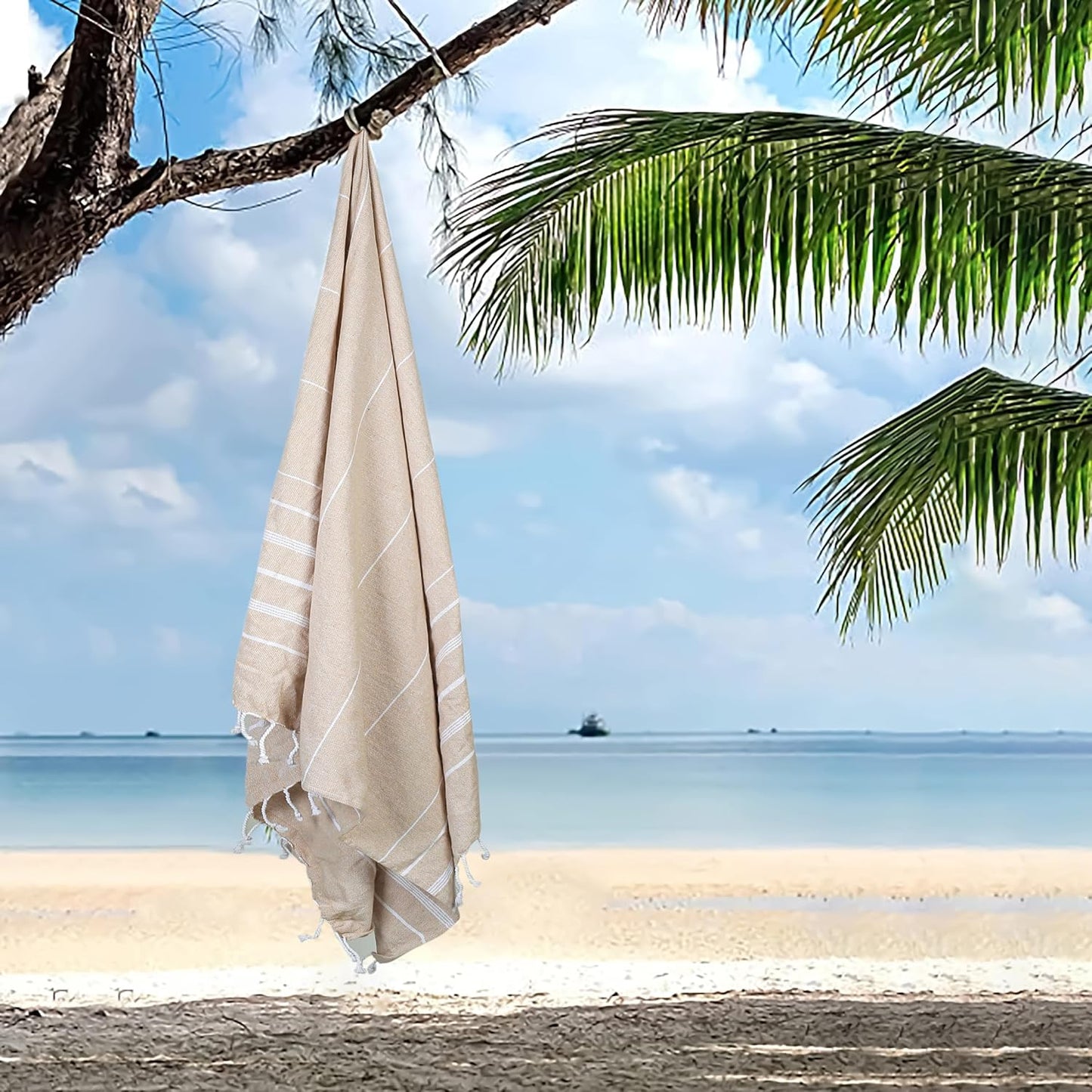 HILLFAIR Cotton Turkish Beach Towels, Quick Dry Lightweight Sand Free Peshtemal Towel for Bath Swim Yoga Spa Travel, Beach Accessories, Oversized Cotton Turkish Towels (39 x 72 inch- 4 Pack Beige)