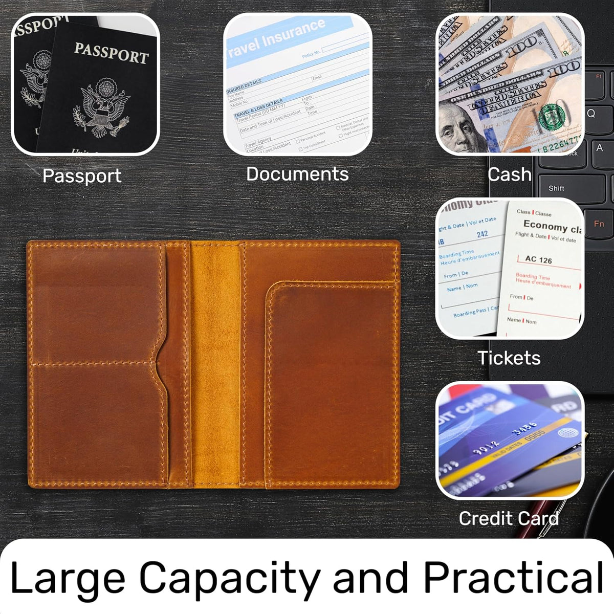 HIFA Leather Passport Holder, Handmade Passport Cover with Card and Ticket Slot - Genuine Leather, Elegant Design, Easy Access - Passport Case, Passport Wallet, Passport Holder