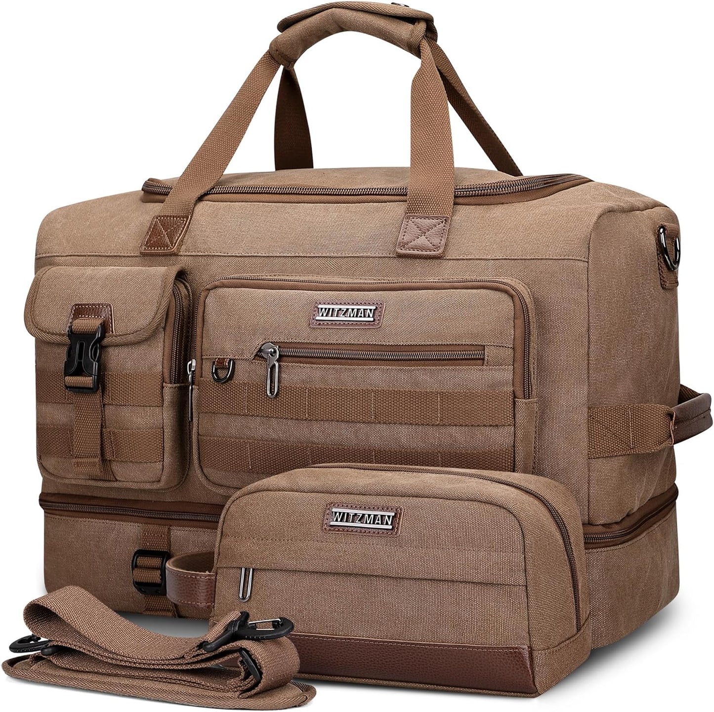 WITZMAN Duffle Bag for Men 50L Canvas Weekender Overnight Bag with Toiletry Bag Sets Travel Duffel Bag Shoes Compartment（A8010-2 Brown）