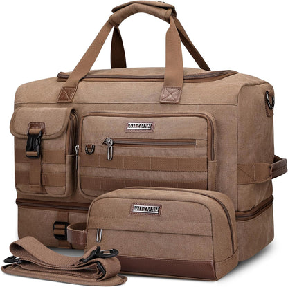 WITZMAN Duffle Bag for Men 50L Canvas Weekender Overnight Bag with Toiletry Bag Sets Travel Duffel Bag Shoes Compartment（A8010-2 Brown）