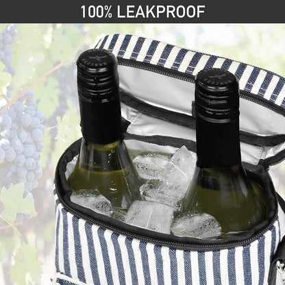 opux Wine Bag 2 Bottle Wine Tote Carrier, Insulated Wine Cooler Bag for Travel Picnic, Leakproof Portable Padded Case, Wine Gifts For Women Men Wine Lovers Christmas, Navy White Stripes