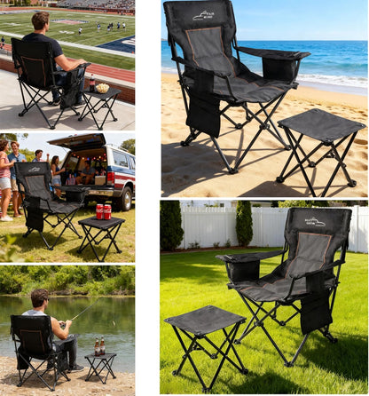 FAIR WIND Oversized Padded Camping Chair with Footrest Stool Set Heavy Duty Support 300 LBS Cooler Bag Chair - Black