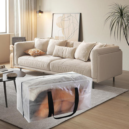 6 Pack Heavy Duty Extra Large Moving Bags with Black Handles, Waterproof Foldable Storage Totes, Clothing Storage Bags, Packing Moving Boxes for College Supplies & Seasonal Storage, Clear