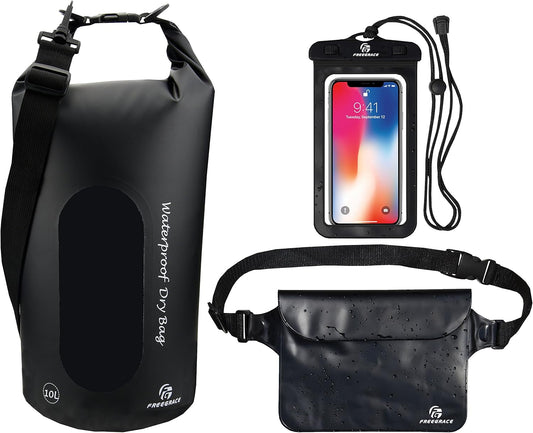 Freegrace Waterproof Dry Bags Set of 3 Dry Bag with 2 Zip Lock Seals & Detachable Shoulder Strap, Waist Pouch & Phone Case - Can Be Submerged Into Water - for Swimming (Black(Window), 20L)