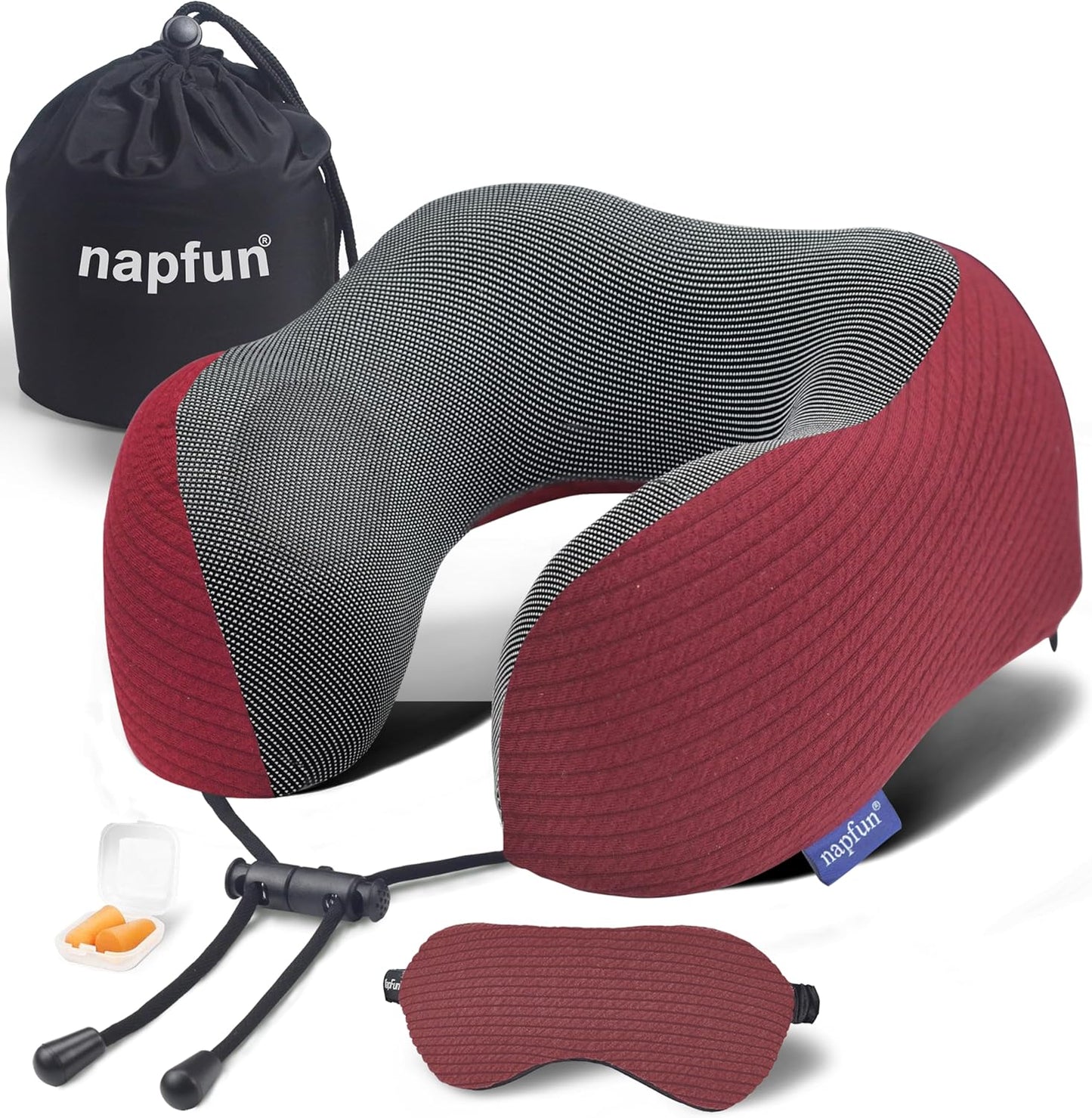 napfun Neck Pillow for Traveling, Upgraded Travel Neck Pillow for Airplane 100% Pure Memory Foam Travel Pillow for Flight Headrest Sleep, Portable Plane Accessories, Wine-Red Set, Medium (120-200LB)
