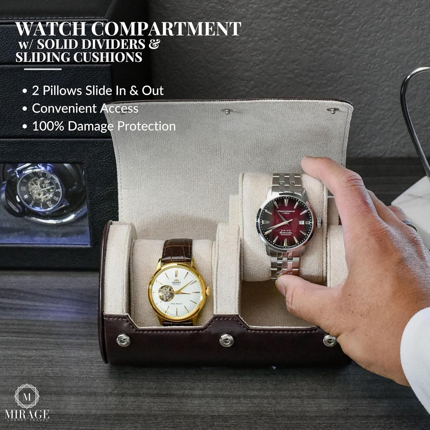 2 Watch Travel Case for Men - Mirage Watch Roll Gift Accessory - Espresso/Ivory Vegan Leather