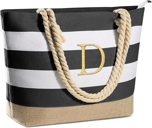 YOOLIFE Initial Canvas Waterproof Beach Tote Bag Zipper Personalized Gifts for Women Her Birthday Travel Beach Essential