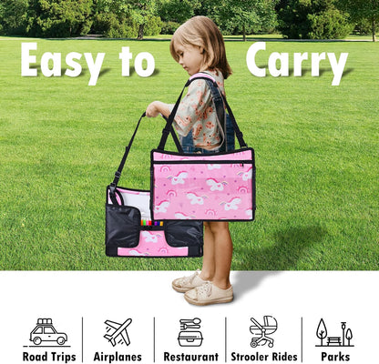 Kids Travel Tray, Car Seat Tray for kids Travel, Toddler Road Trip Essentials With Drawing Kit, Toddler Lap Desk Organizer for Car, Carseat Table for Airplane