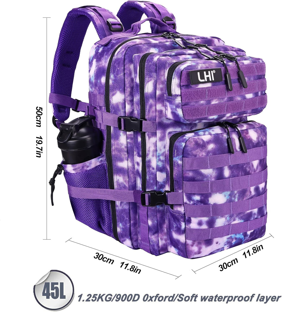 LHI Military Tactical Backpack for Men and Women 45L Army 3 Days Assault Pack Bag Large Rucksack with Molle System - Purple Camo
