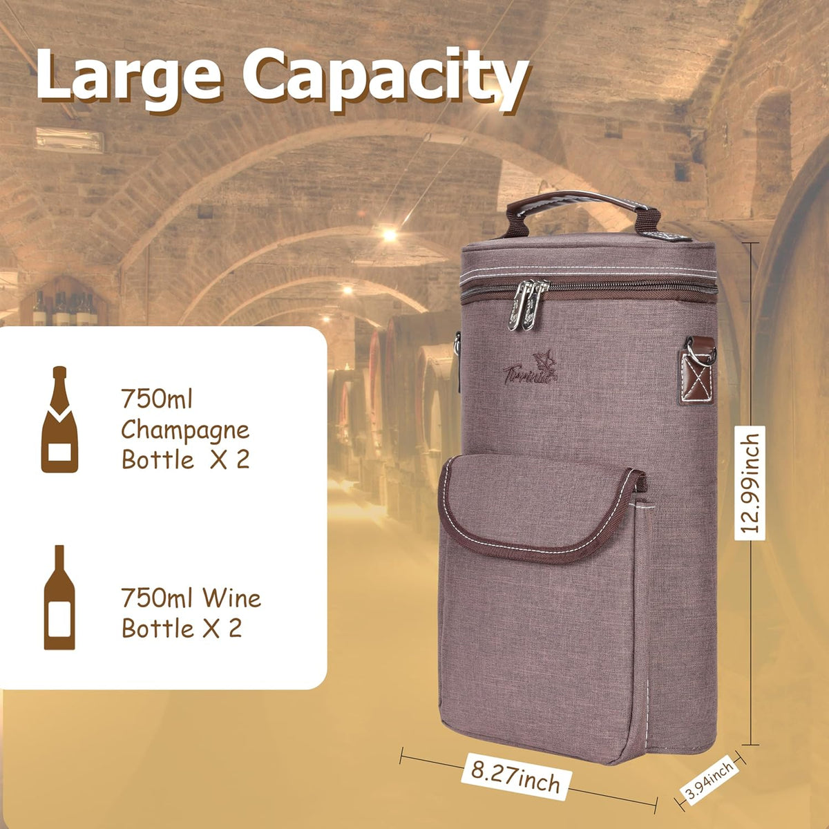 Tirrinia 2 Bottle Wine Gift Tote Carrier - Leakproof & Insulated with Large Pockets Wine Cooler Bag for Travel, Tasting, Party, Dinner, Valentine's Day Gift