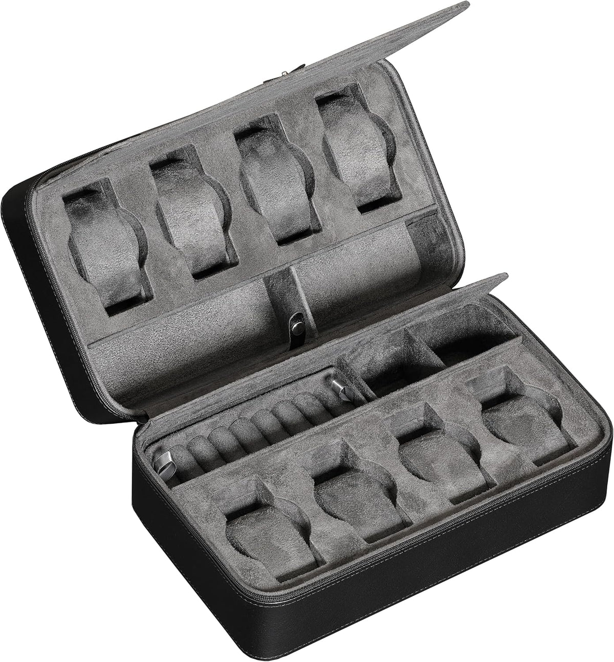 ROTHWELL 8 Watch Travel Case Storage Organizer for 8 Watches, Sunglasses, Rings & Cufflinks |Tough Portable Protection with Zipper Fits Most Wristwatches & Smart Watches Up to 50mm (Black/Grey)