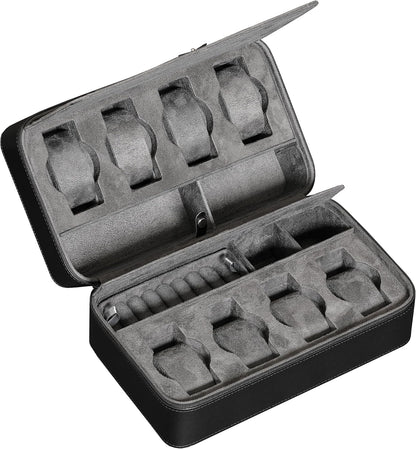ROTHWELL 8 Watch Travel Case Storage Organizer for 8 Watches, Sunglasses, Rings & Cufflinks |Tough Portable Protection with Zipper Fits Most Wristwatches & Smart Watches Up to 50mm (Black/Grey)