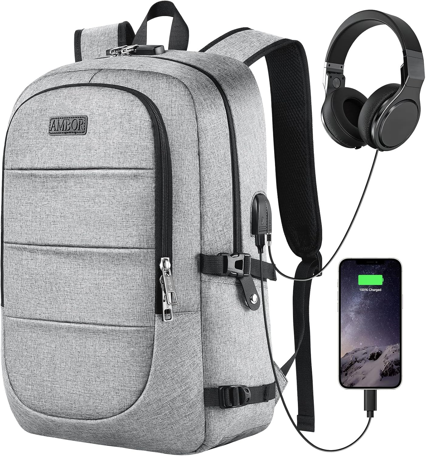 AMBOR Travel Laptop Backpack, 15.6-17.3 inch Anti Theft Business Laptop Backpack with USB Charging Port and Headphone Interface, Backpack for Men & Women, Grey