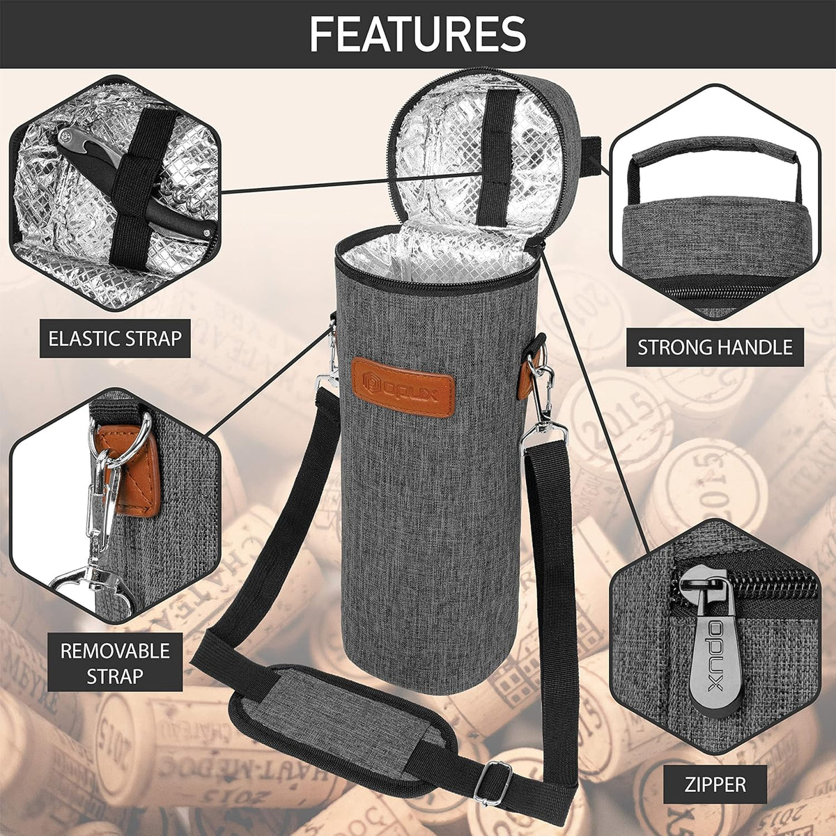 opux Wine Bag Single Bottle Carrier Tote, Insulated Wine Cooler Bag for Travel Picnic Beach with Shoulder Strap, Thermal One Bottle Holder Carrying Case Wine Gift for Women Men, Charcoal Gray